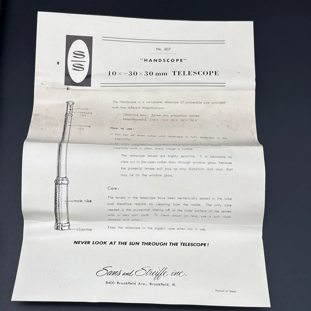 Vintage Sans & Streiffe #607 Handscope 10x-30x Zoom Telescope - Complete In Box